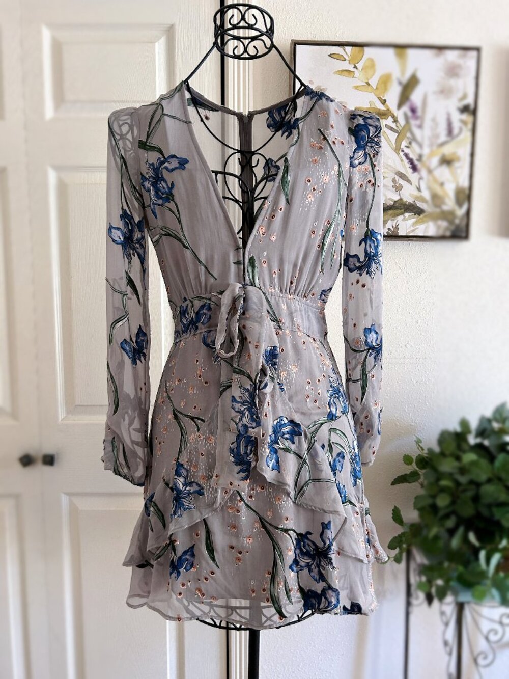 For Love And Lemons Blue Floral Long Sleeve Tie-Waist Dress